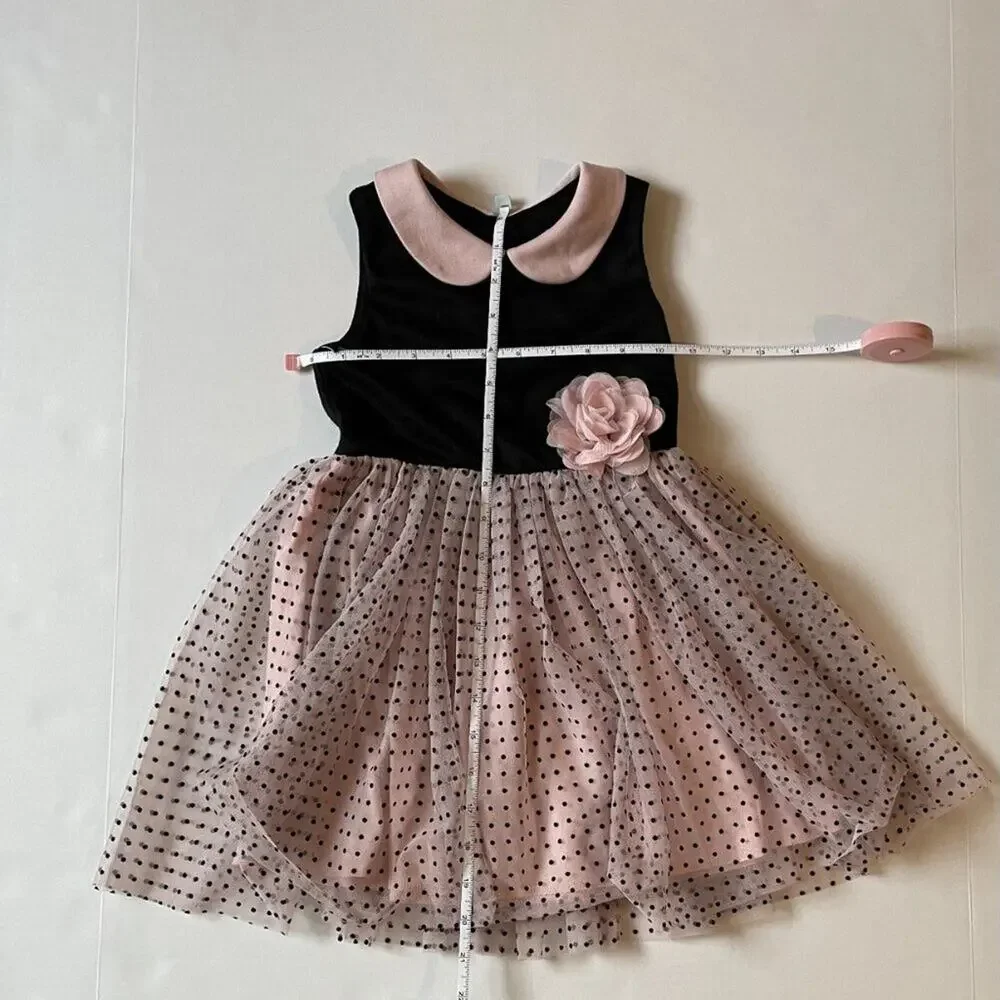 Black & Pink Polka Dot Party Dress, Tulle Flower, Sleeveless, Collared 3T